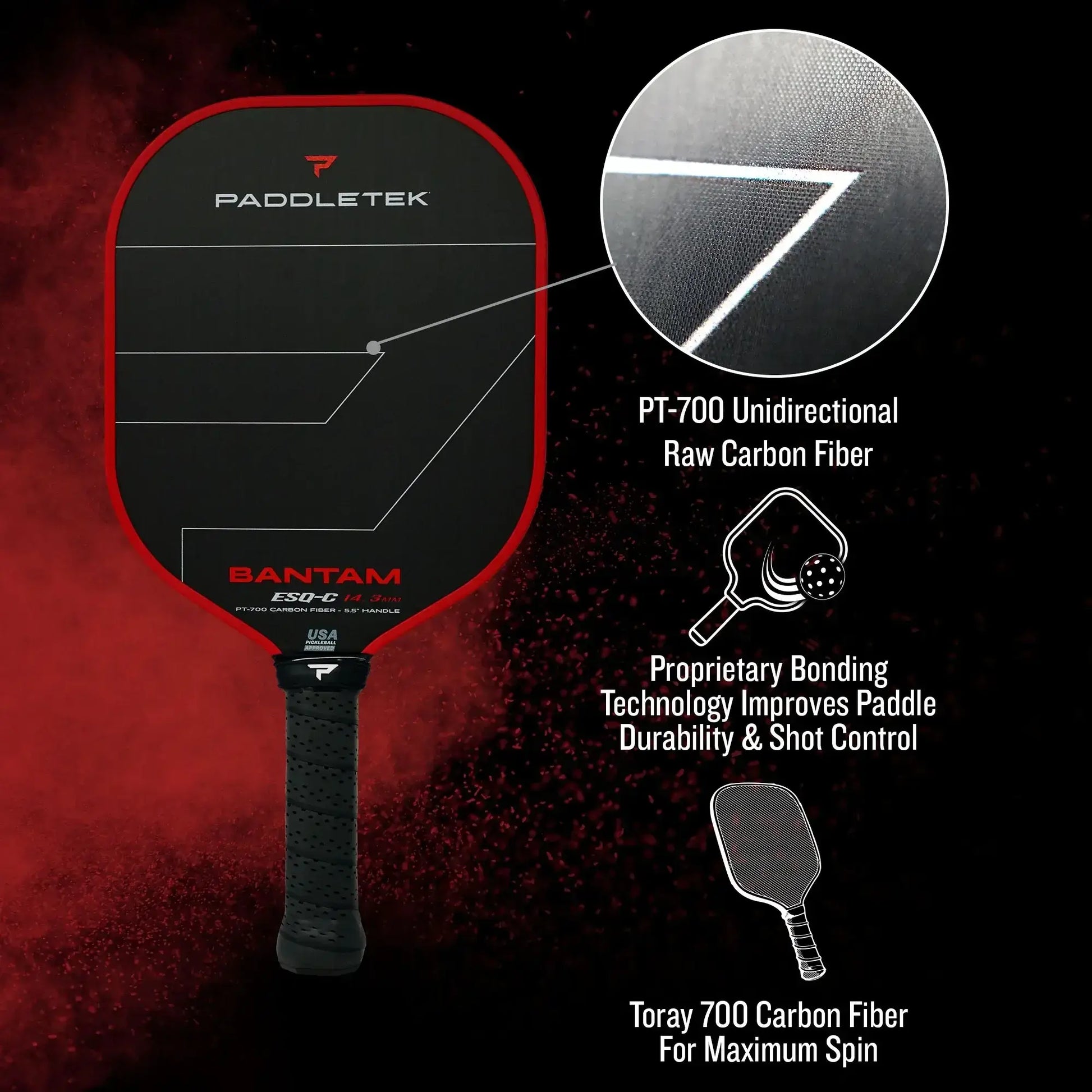 Bantam ESQ-C 14.3 pickleball paddle showcasing PT-700 carbon fiber and advanced durability technology.