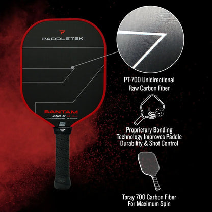 Bantam ESQ-C 14.3 pickleball paddle showcasing PT-700 carbon fiber and advanced durability technology.