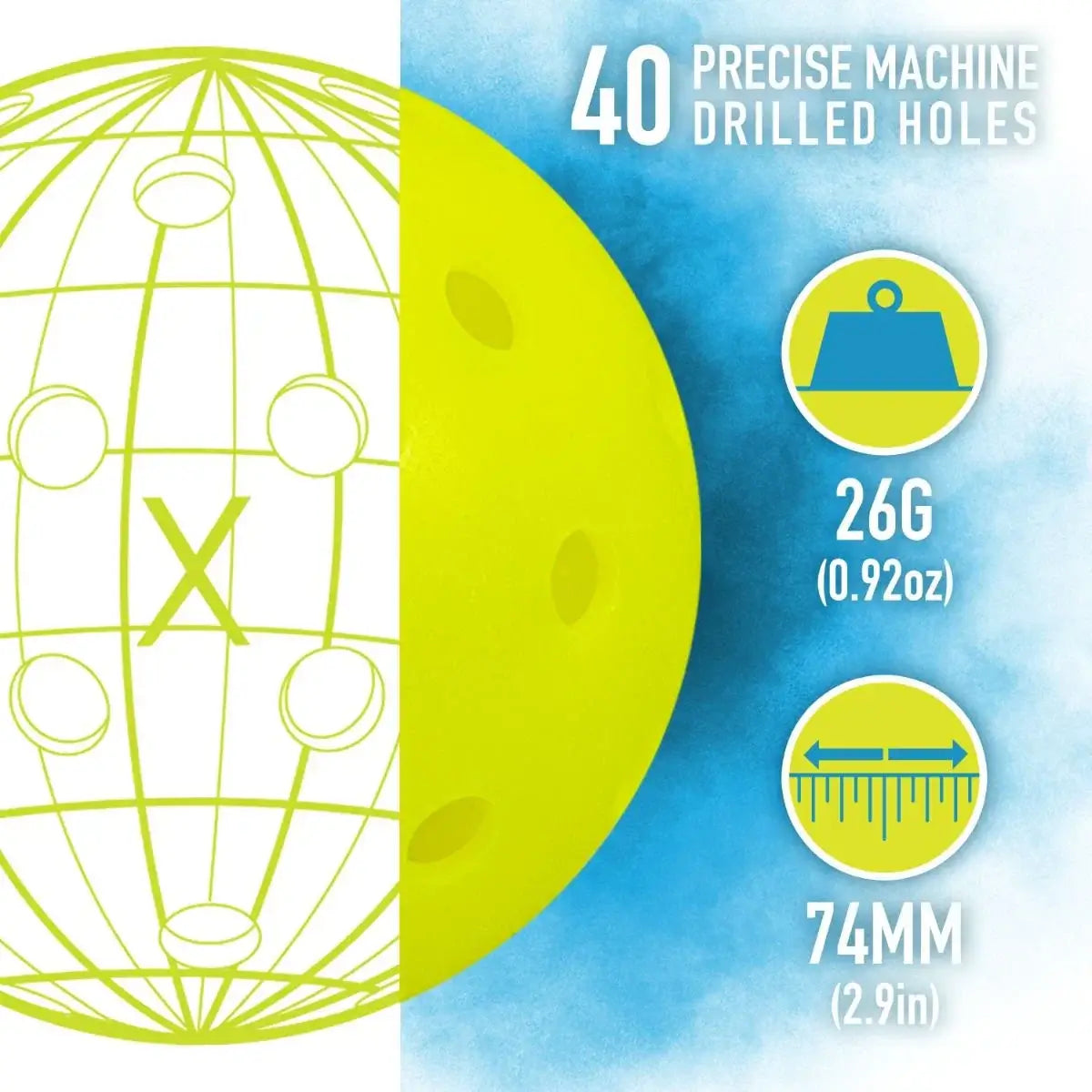 Franklin X-40 outdoor pickleball showing 40 machine-drilled holes and specifications: 26G weight and 74MM diameter.