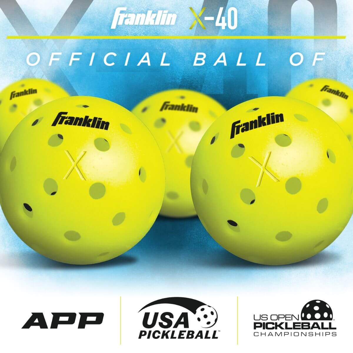 Franklin X-40 outdoor pickleballs, official ball of the US Open Pickleball Championships, featuring bright yellow design.