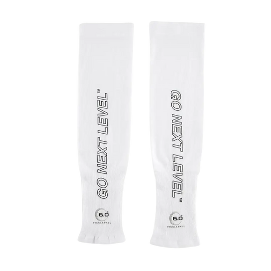 Six Zero arm sleeves in white with 'GO NEXT LEVEL' text, providing sun protection and muscle recovery.