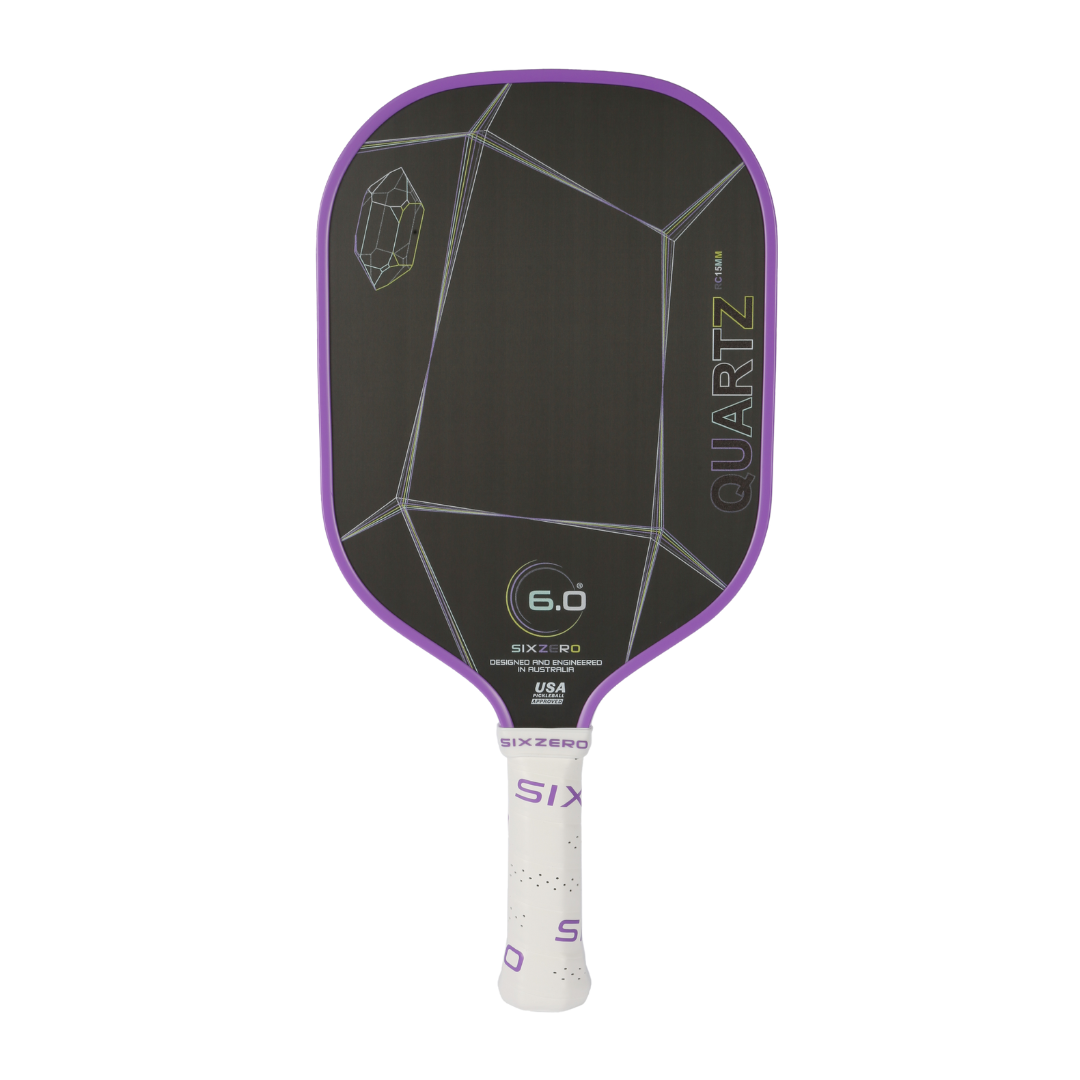 Six Zero Quartz pickleball paddle with purple border and sleek design for enhanced control and power