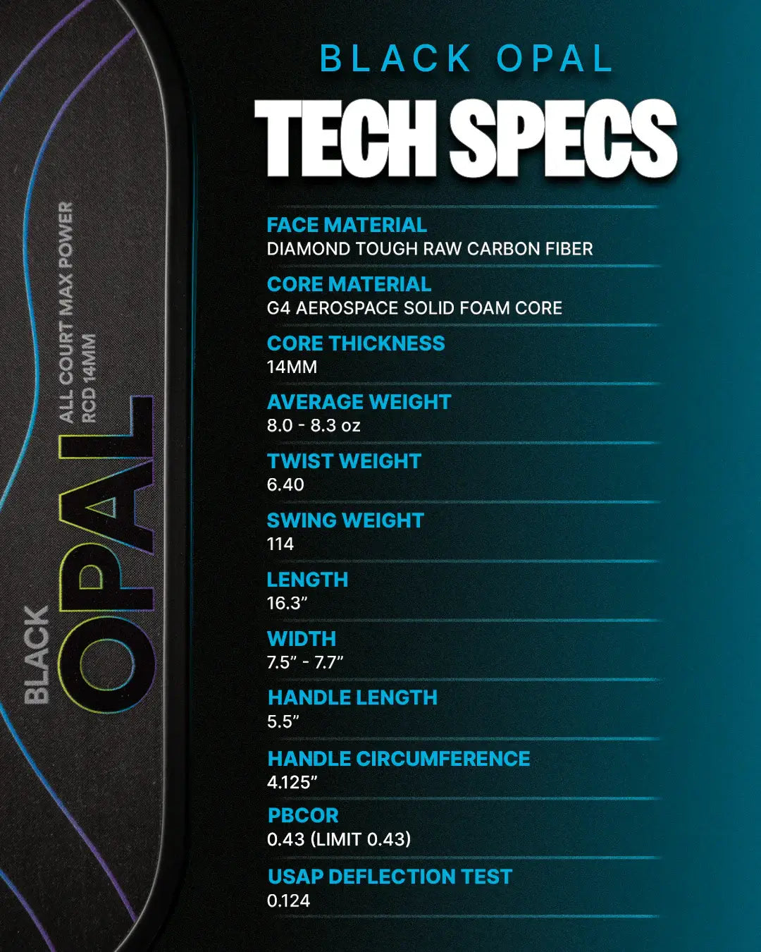 Siz Zero Black Opal tech specs including core material, weight, dimensions, and performance features.