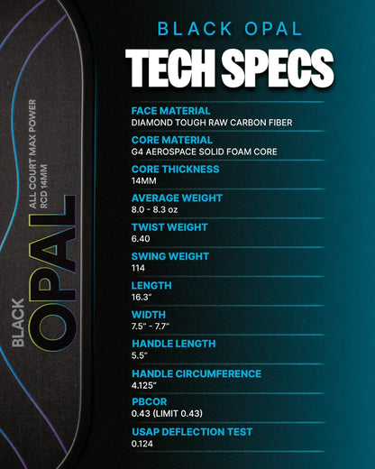 Siz Zero Black Opal tech specs including core material, weight, dimensions, and performance features.
