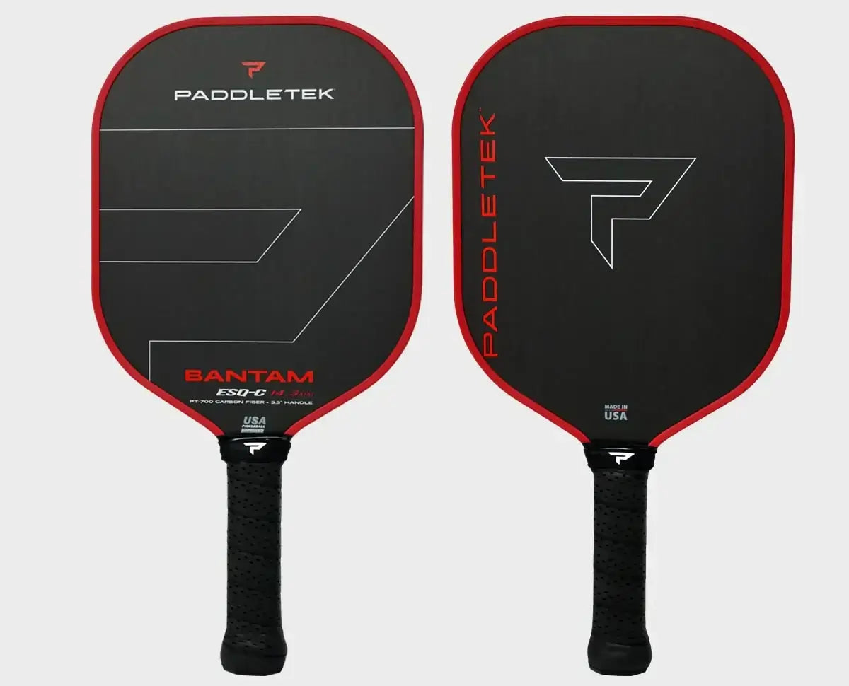 Bantam ESQ-C 14.3 pickleball paddle from Paddletek, featuring a sleek black design and red accents.