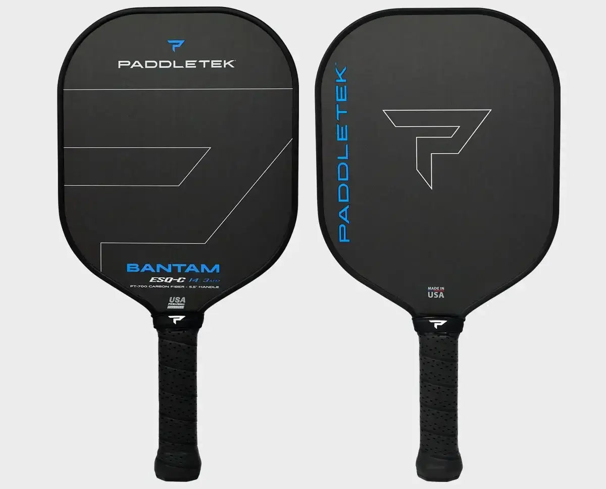 Bantam ESQ-C 14.3 pickleball paddle showcasing sleek black design and textured handle for superior control and power.