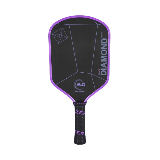 Six Zero JMV Pro Black Diamond pickleball paddle with amethyst edgeguard and 16mm thickness, featuring an aerodynamic shape and textured surface.