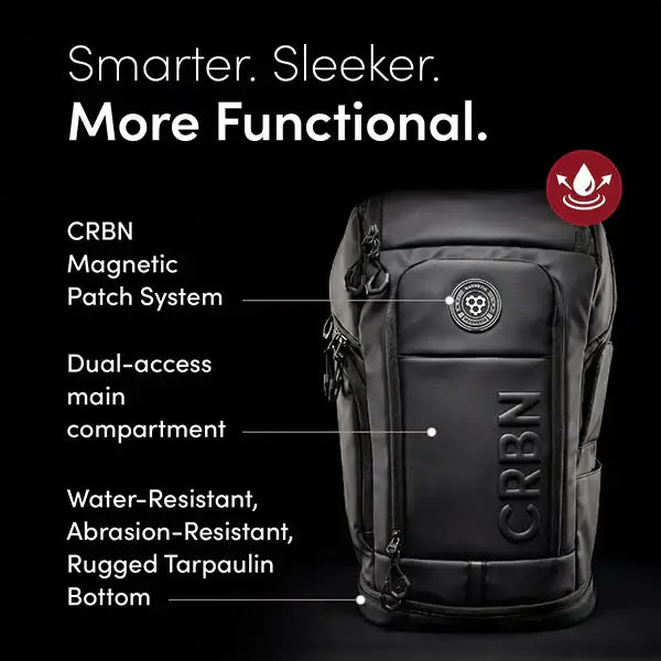 CRBN Pro Team Backpack 2.0 showcasing the CRBN Magnetic Patch System and water-resistant design