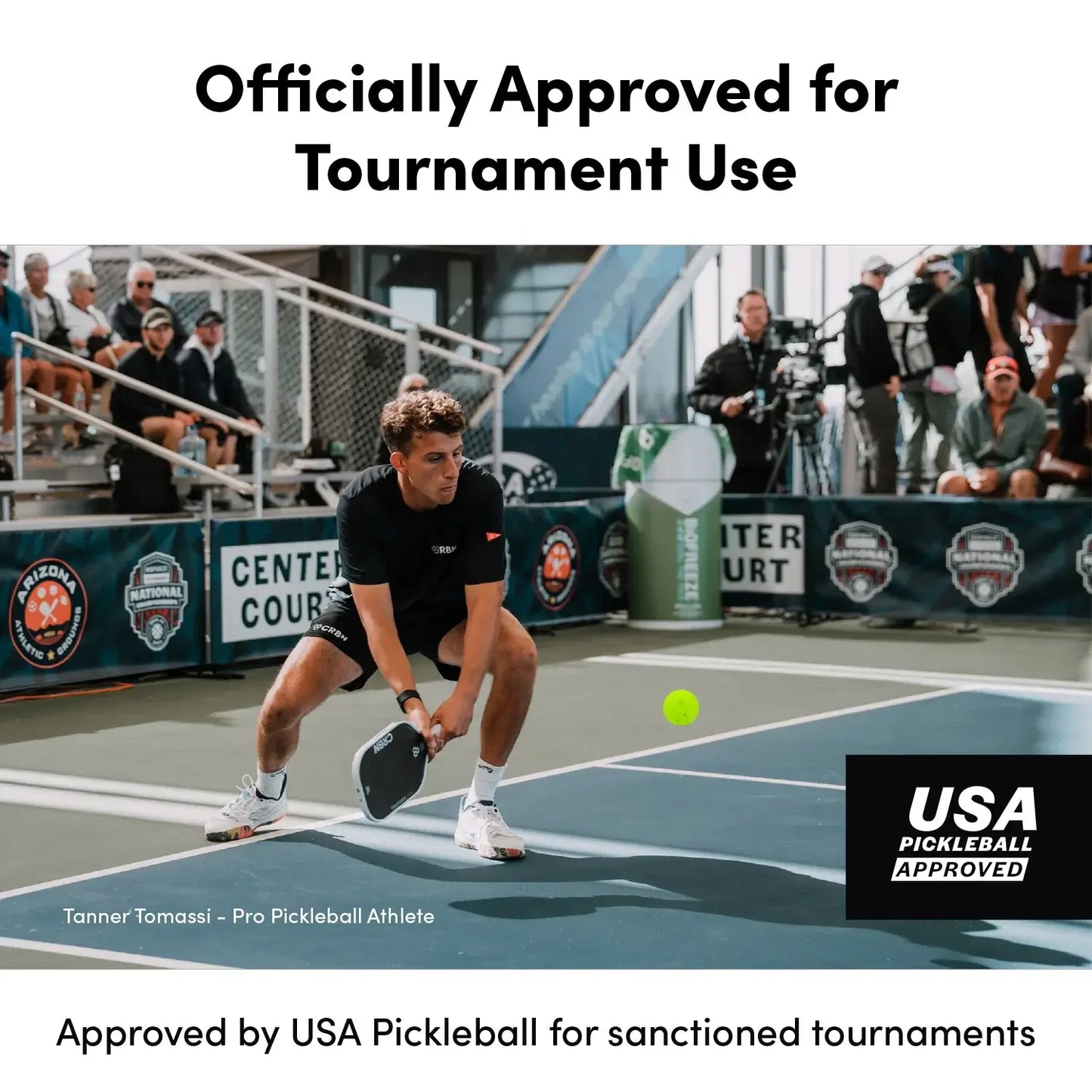 Pro pickleball athlete playing with CRBN C40 Pickleballs, officially approved for tournament use by USA Pickleball.