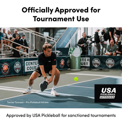 Pro pickleball athlete playing with CRBN C40 Pickleballs, officially approved for tournament use by USA Pickleball.