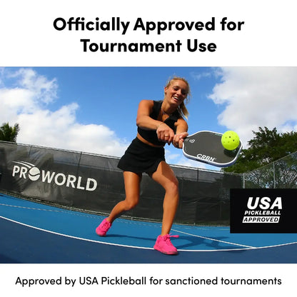 CRBN C40 Pickleballs officially approved for tournament use by USA Pickleball with player on court.