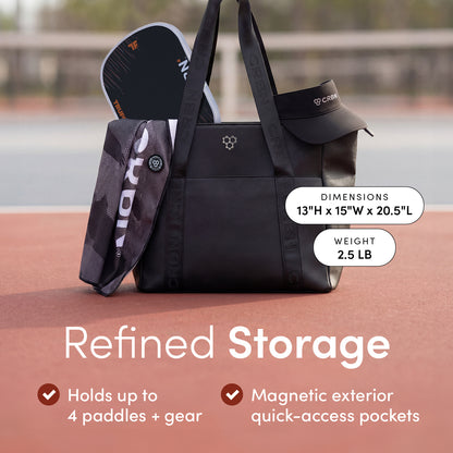 CRBN Club Pickleball Tote Bag [NEW] with elegant design, holding paddles and gear, perfect for players on the go.