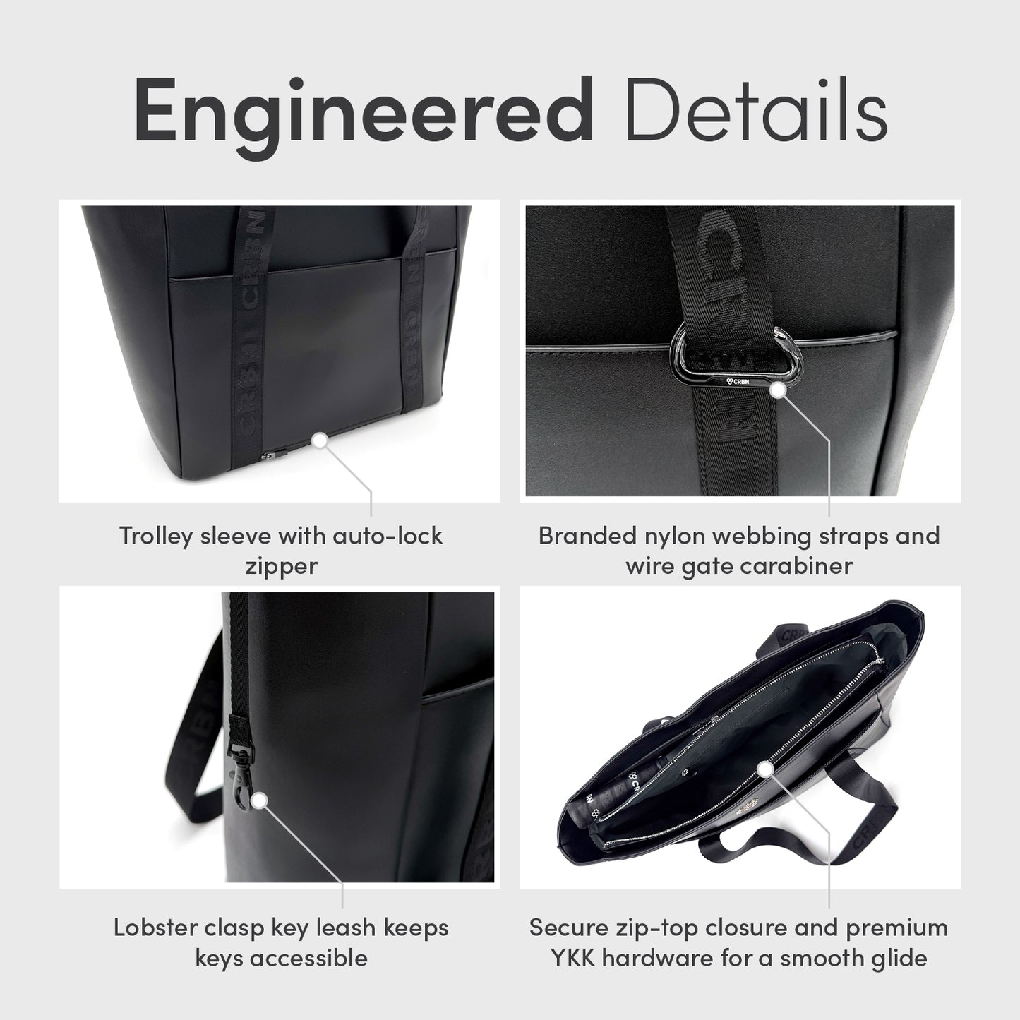 CRBN Club Pickleball Tote Bag [NEW] engineered details showing zipper, straps, and key leash for accessibility.