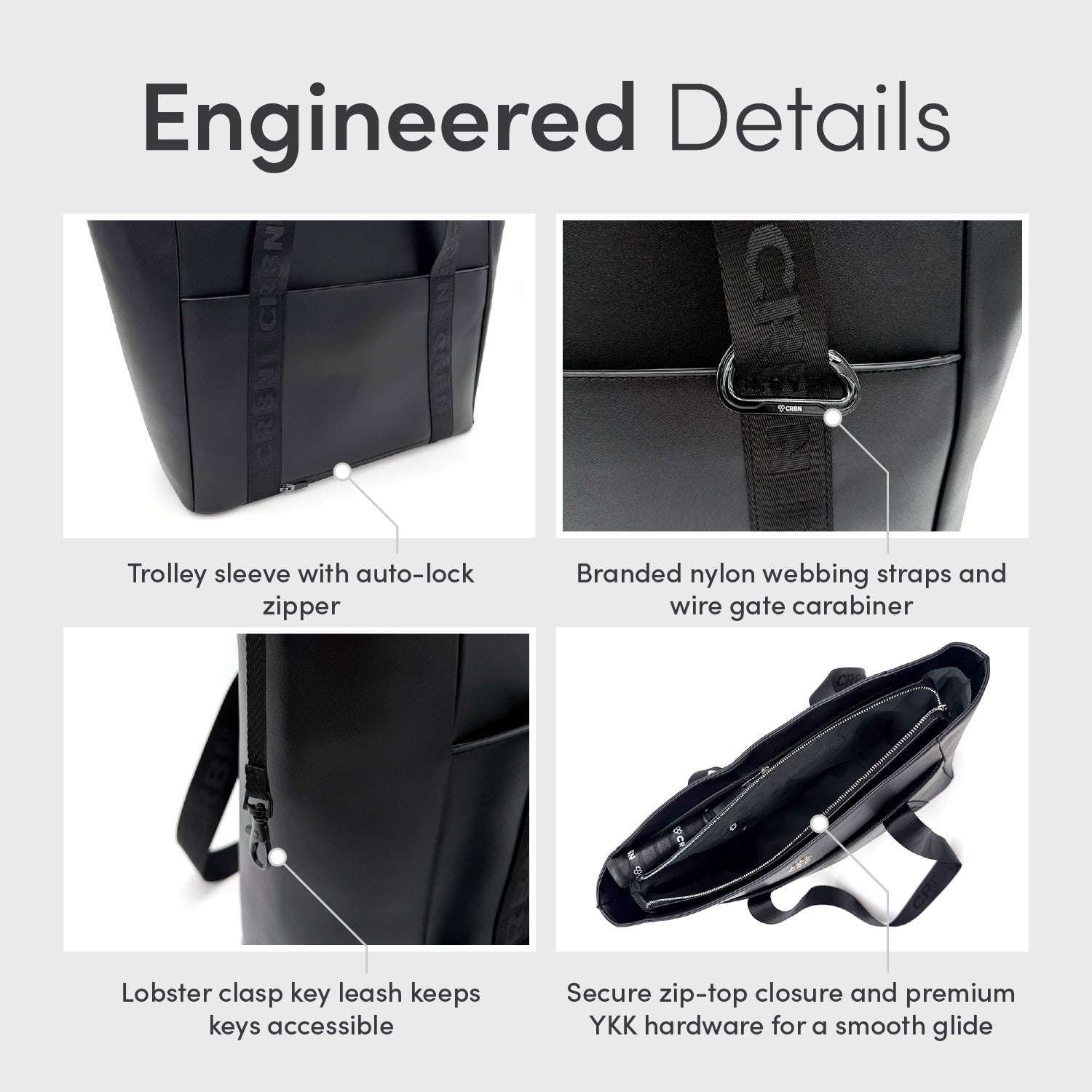 CRBN Club Pickleball Tote Bag [NEW] engineered details showing zipper, straps, and key leash for accessibility.