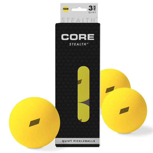 CORE Stealth Pickleball 3 Pack, yellow foam balls for quiet indoor play and practice.