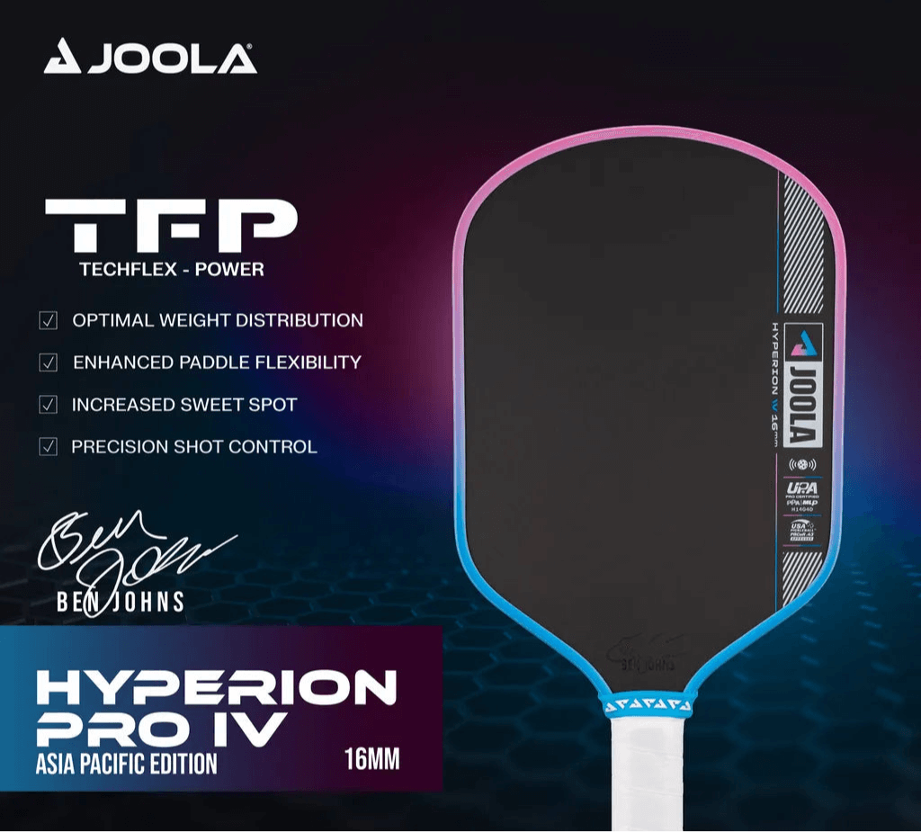 Joola Hyperion Pro IV Asia Colorway (16mm) paddle featuring TFP technology for optimal weight distribution and enhanced flexibility.