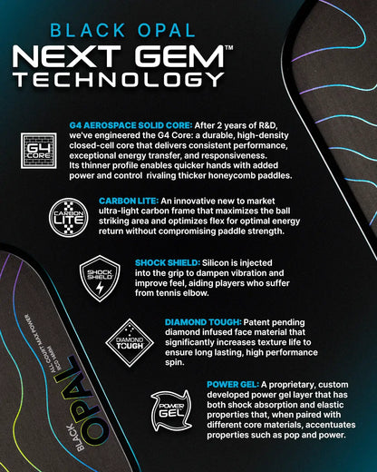 Siz Zero Black Opal paddle features innovative Next Gem technology with G4 Aerospace core and Carbon Lite frame.