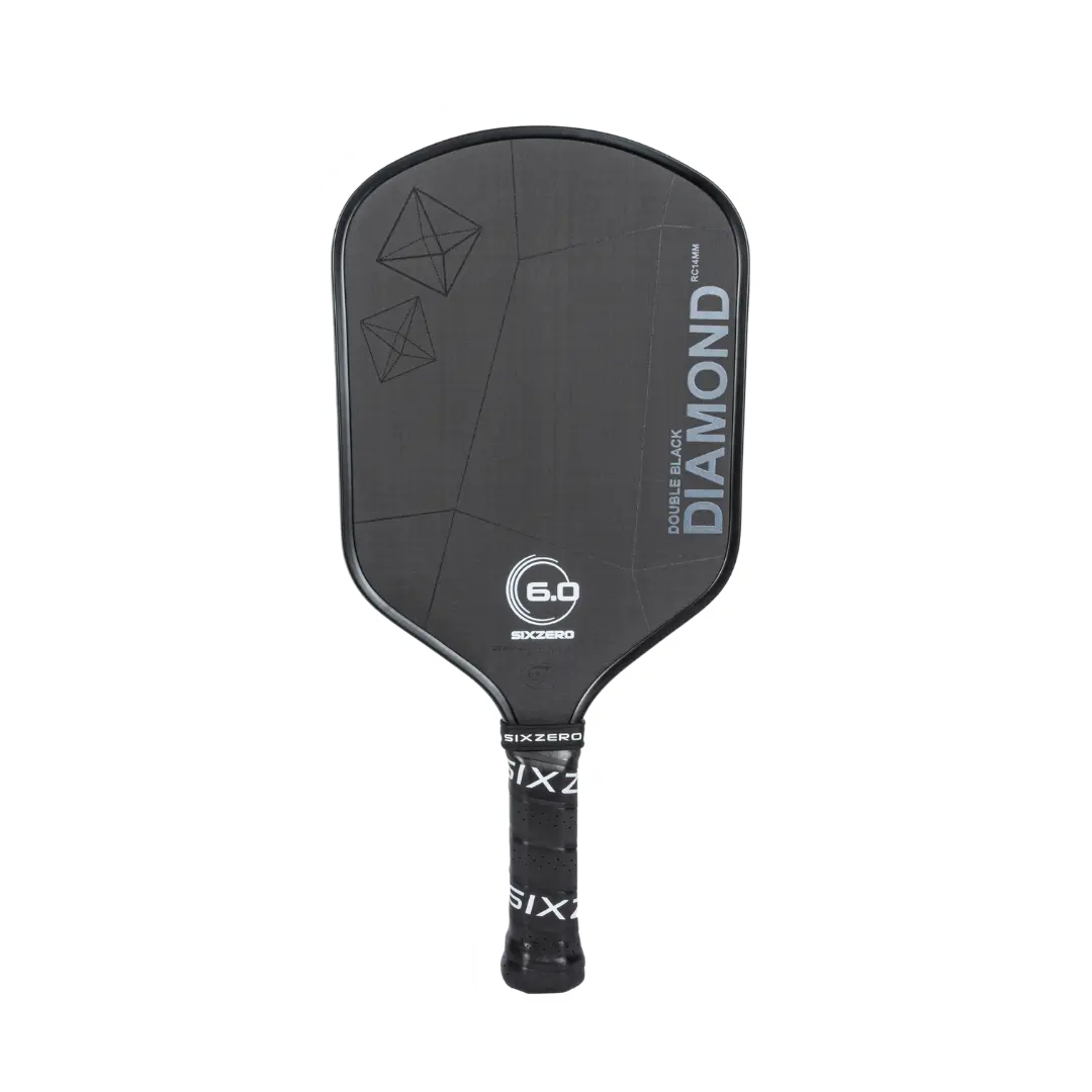 Six Zero Double Black Diamond Control paddle showcasing Raw Carbon technology and sleek design for precision and power on the court.