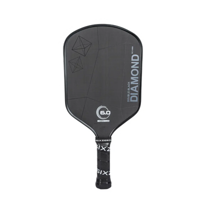 Six Zero Double Black Diamond Control paddle showcasing Raw Carbon technology and sleek design for precision and power on the court.