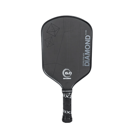 Six Zero Double Black Diamond Control paddle showcasing Raw Carbon technology and sleek design for precision and power on the court.