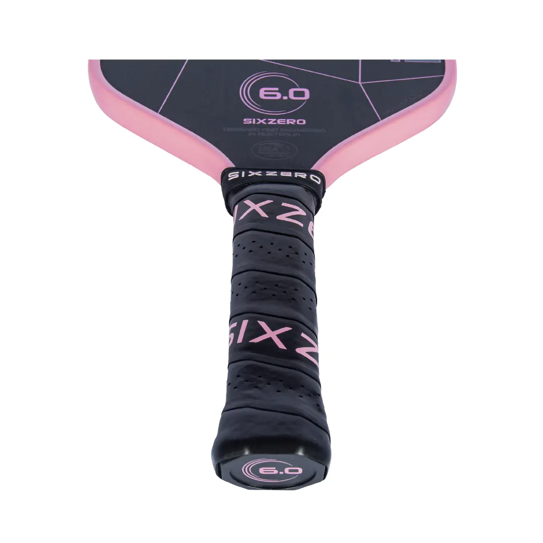 Six Zero Double Black Diamond Control pickleball paddle with pink accents and Raw Carbon Technology