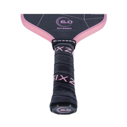 Six Zero Double Black Diamond Control pickleball paddle with pink accents and Raw Carbon Technology