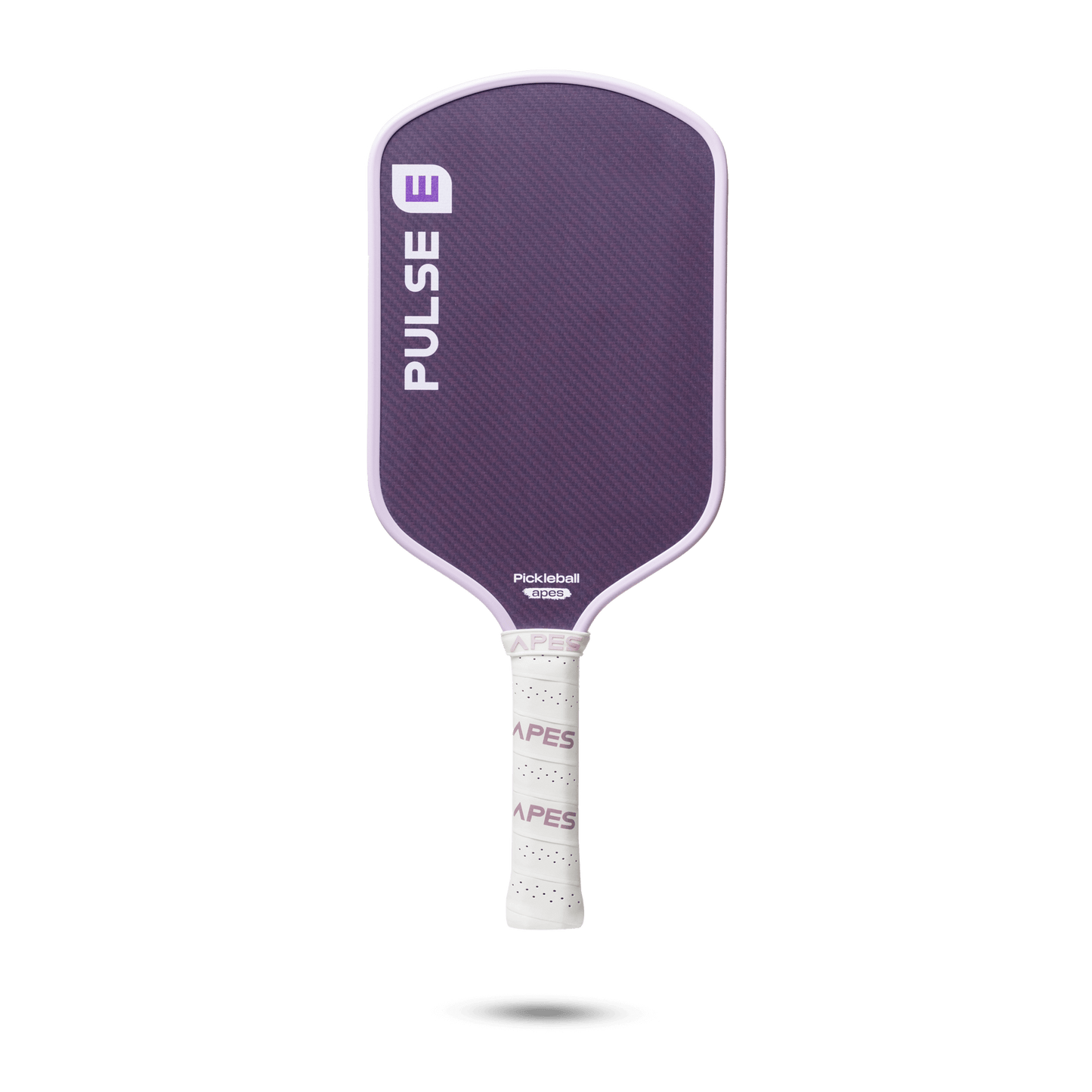 Pickleball Apes Pulse E paddle with a purple honeycomb design and leather performance grip, ideal for outdoor play.