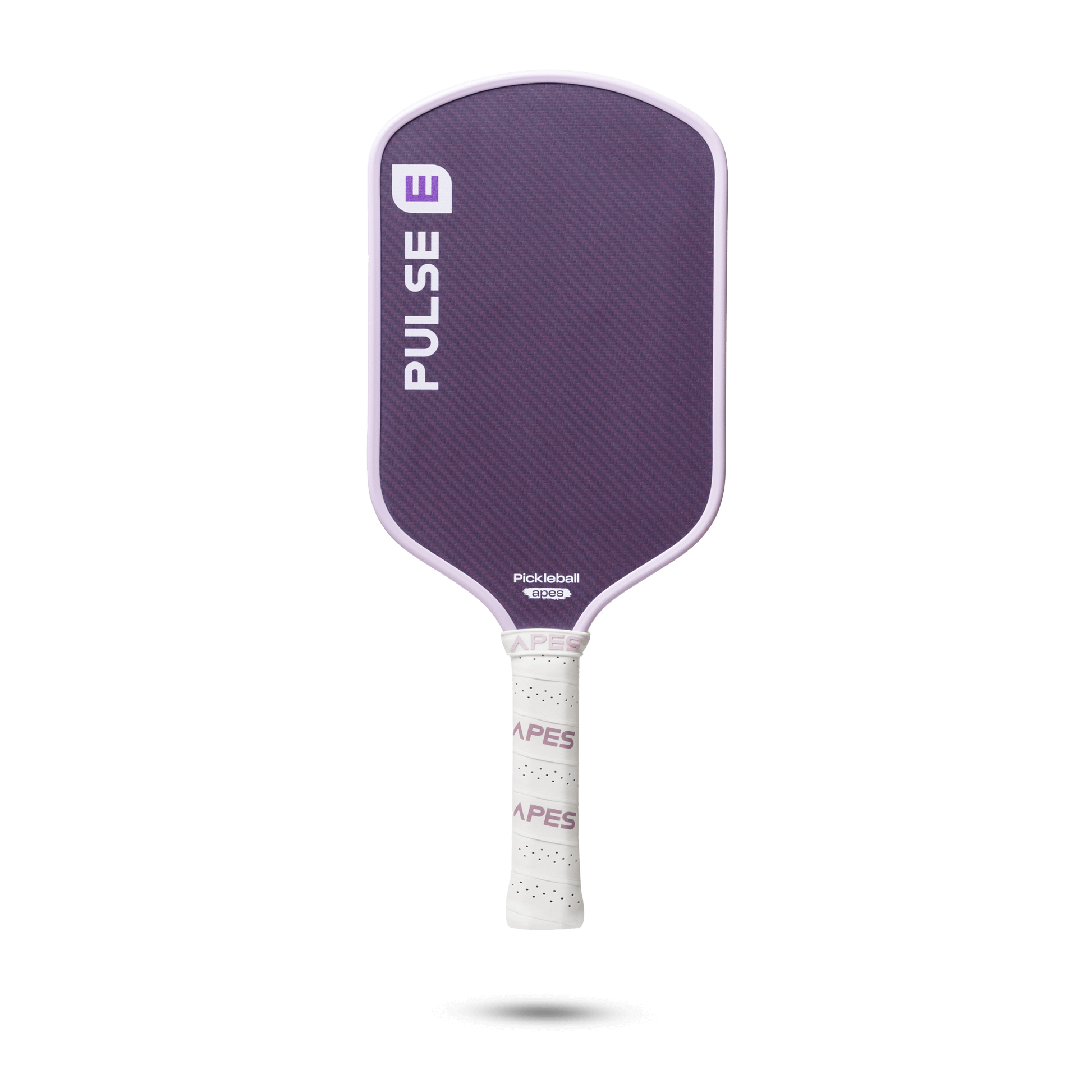 Pickleball Apes Pulse E paddle with a purple honeycomb design and leather performance grip, ideal for outdoor play.