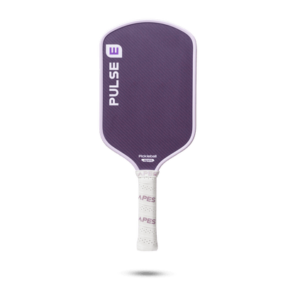 Pickleball Apes Pulse E paddle with a purple honeycomb design and leather performance grip, ideal for outdoor play.