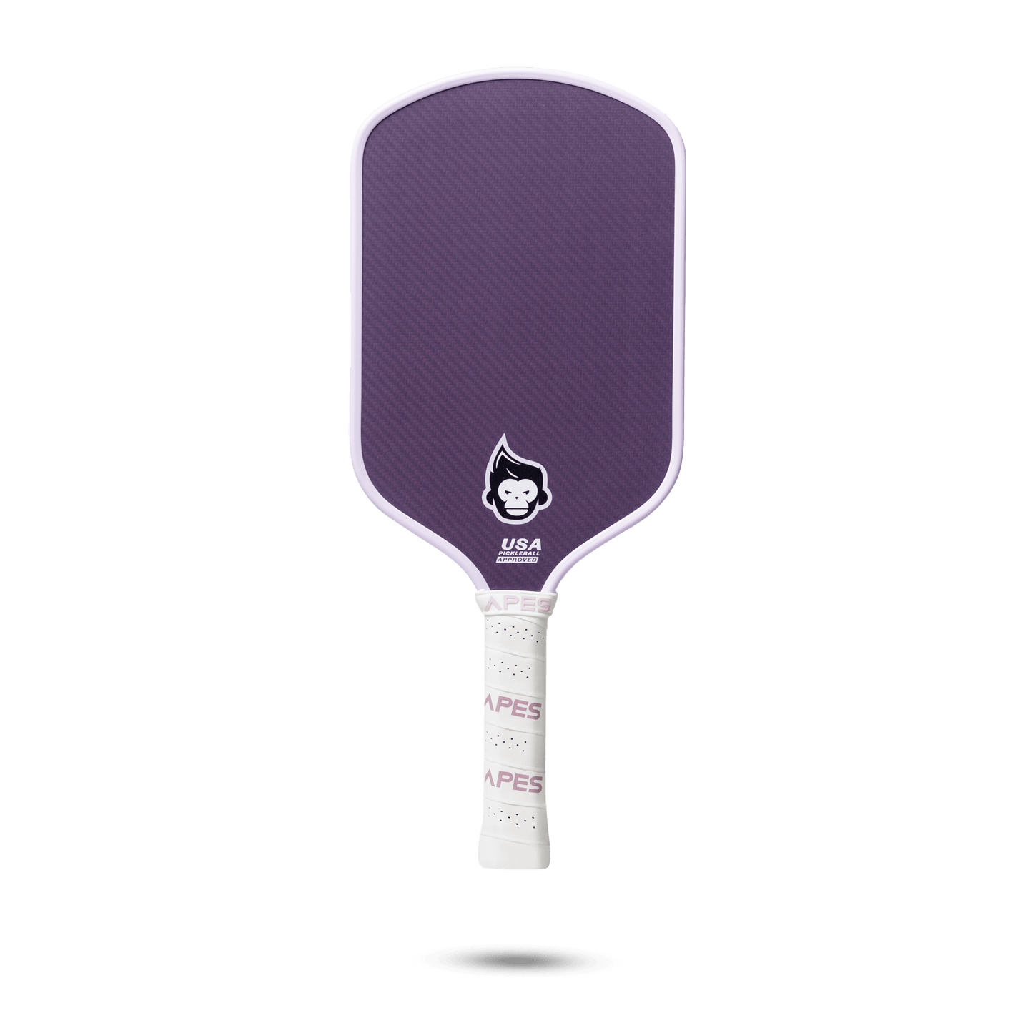 Pickleball Apes Pulse E paddle with purple surface, leather grip, and honeycomb core for enhanced performance and control.