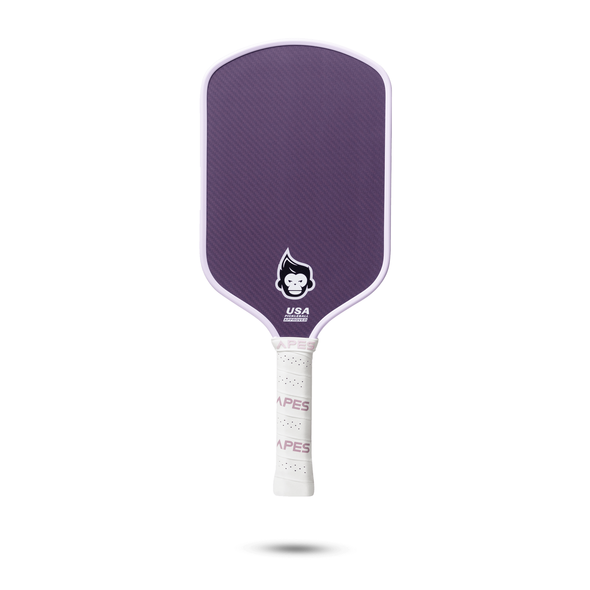 Pickleball Apes Pulse E paddle with purple surface, leather grip, and honeycomb core for enhanced performance and control.