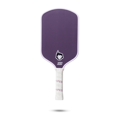 Pickleball Apes Pulse E paddle with purple surface, leather grip, and honeycomb core for enhanced performance and control.