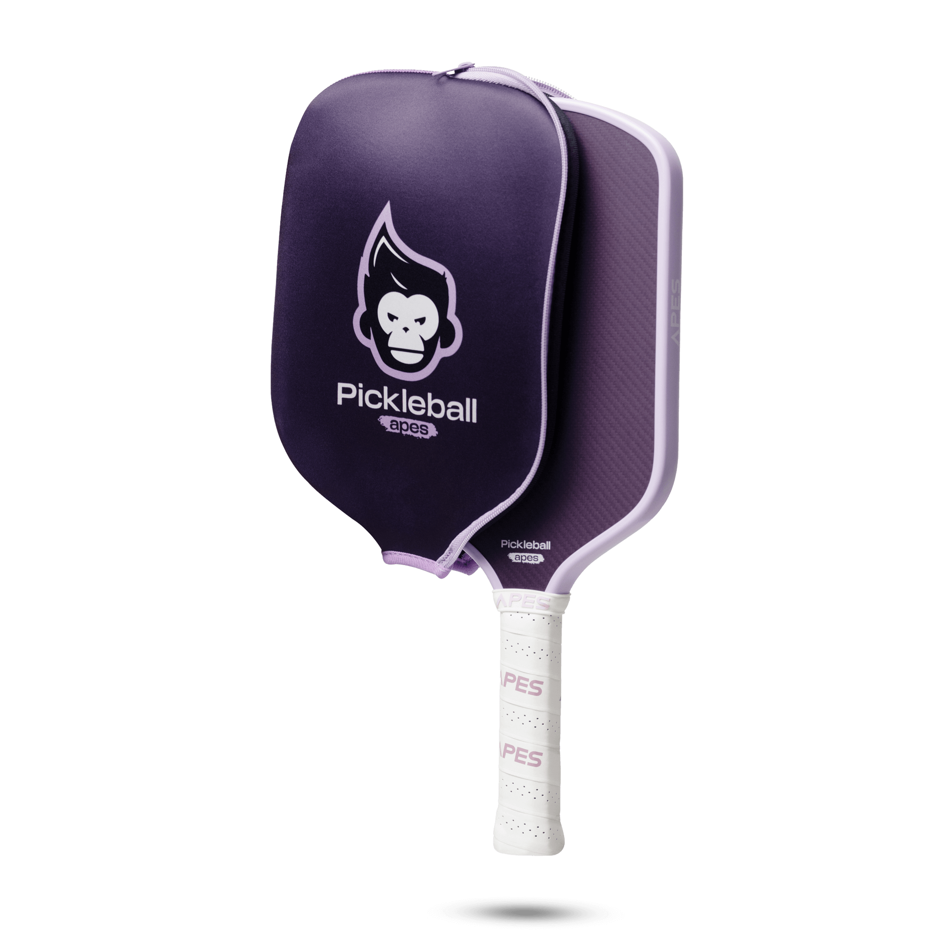 Pickleball Apes Pulse E paddle with a purple cover, showcasing its ergonomic grip and honeycomb poly core design.