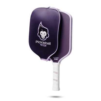 Pickleball Apes Pulse E paddle with a purple cover, showcasing its ergonomic grip and honeycomb poly core design.