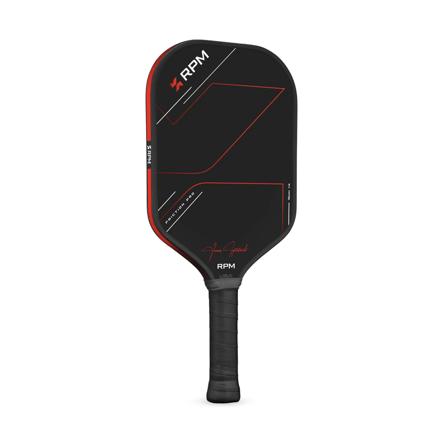 RPM Friction Pro 16MM Elongated V2 pickleball paddle in black and red design.