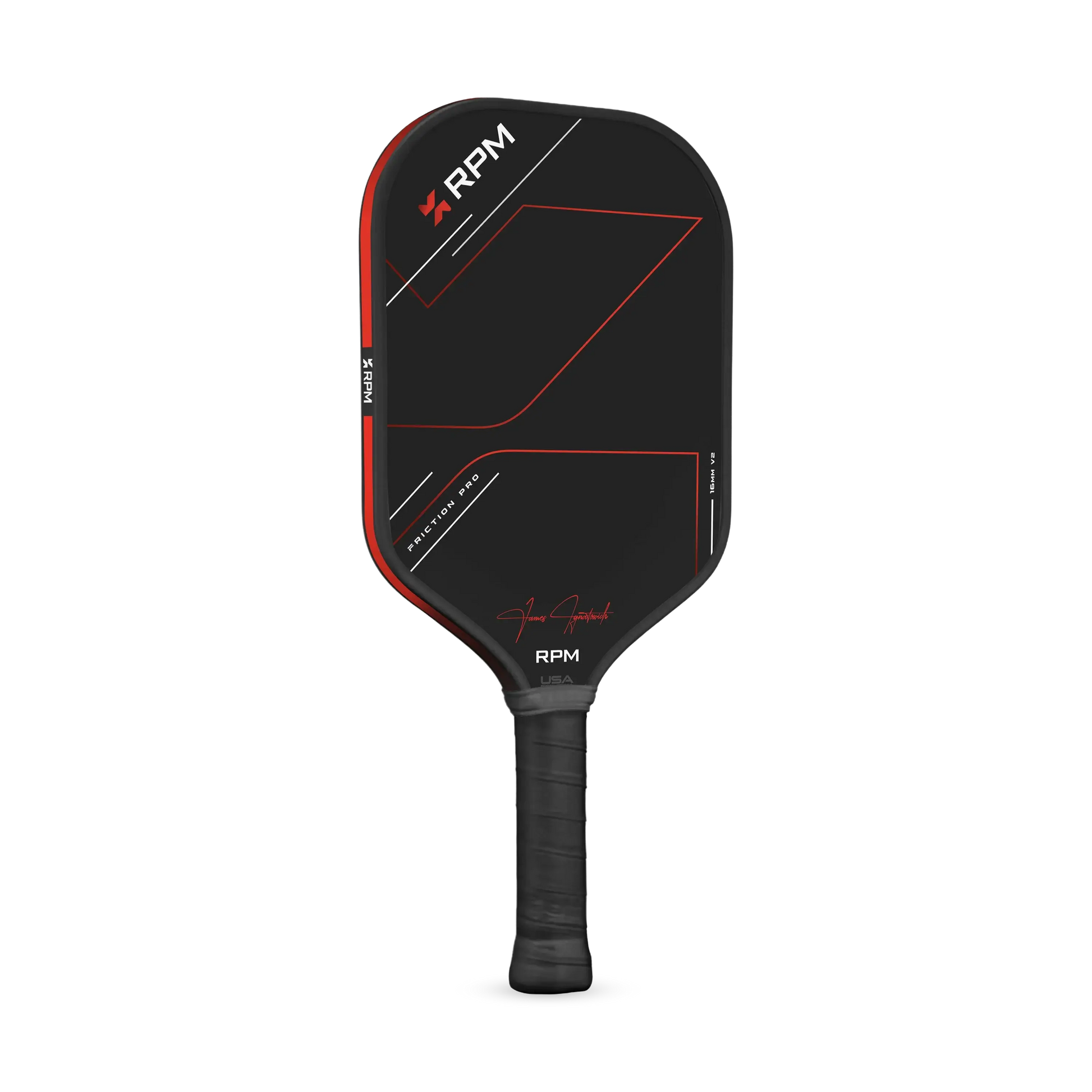 RPM Friction Pro 16MM Elongated V2 pickleball paddle in black and red design.