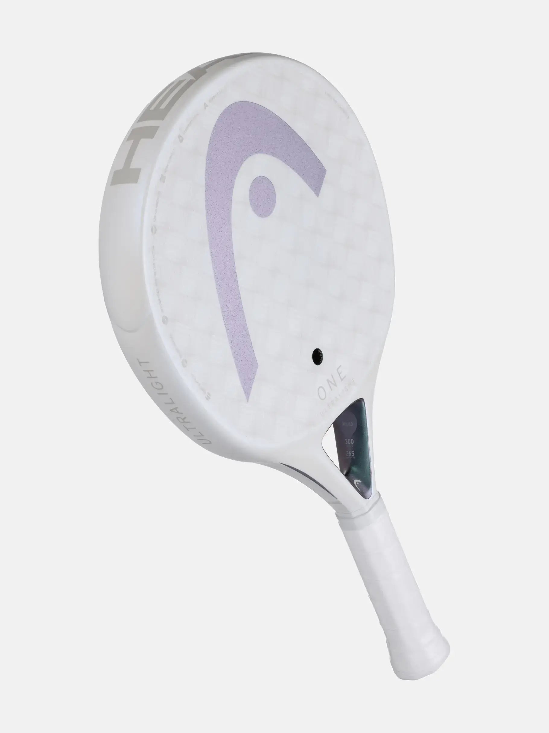 HEAD One Ultralight Padel Racquet displayed at an angle, showcasing its lightweight design and innovative features.