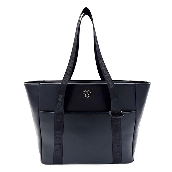 CRBN Club Pickleball Tote Bag [NEW] in sleek black leather with structured silhouette and branded straps.