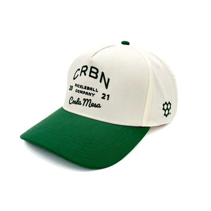 CRBN Heritage Snapback hat in cream and green, celebrating classic style and craftsmanship for pickleball enthusiasts.