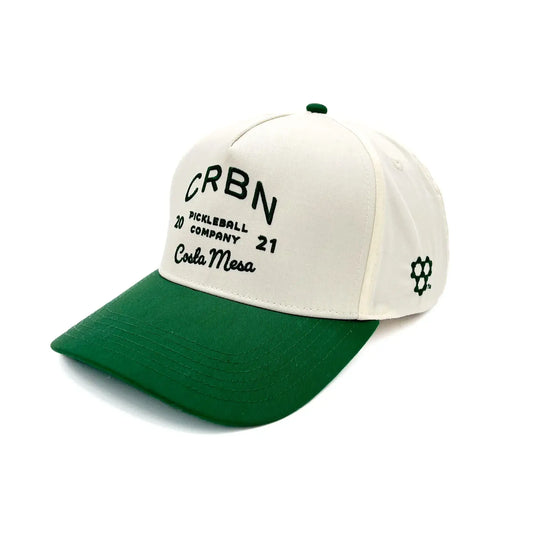 CRBN Heritage Snapback hat in cream and green, celebrating classic style and craftsmanship for pickleball enthusiasts.
