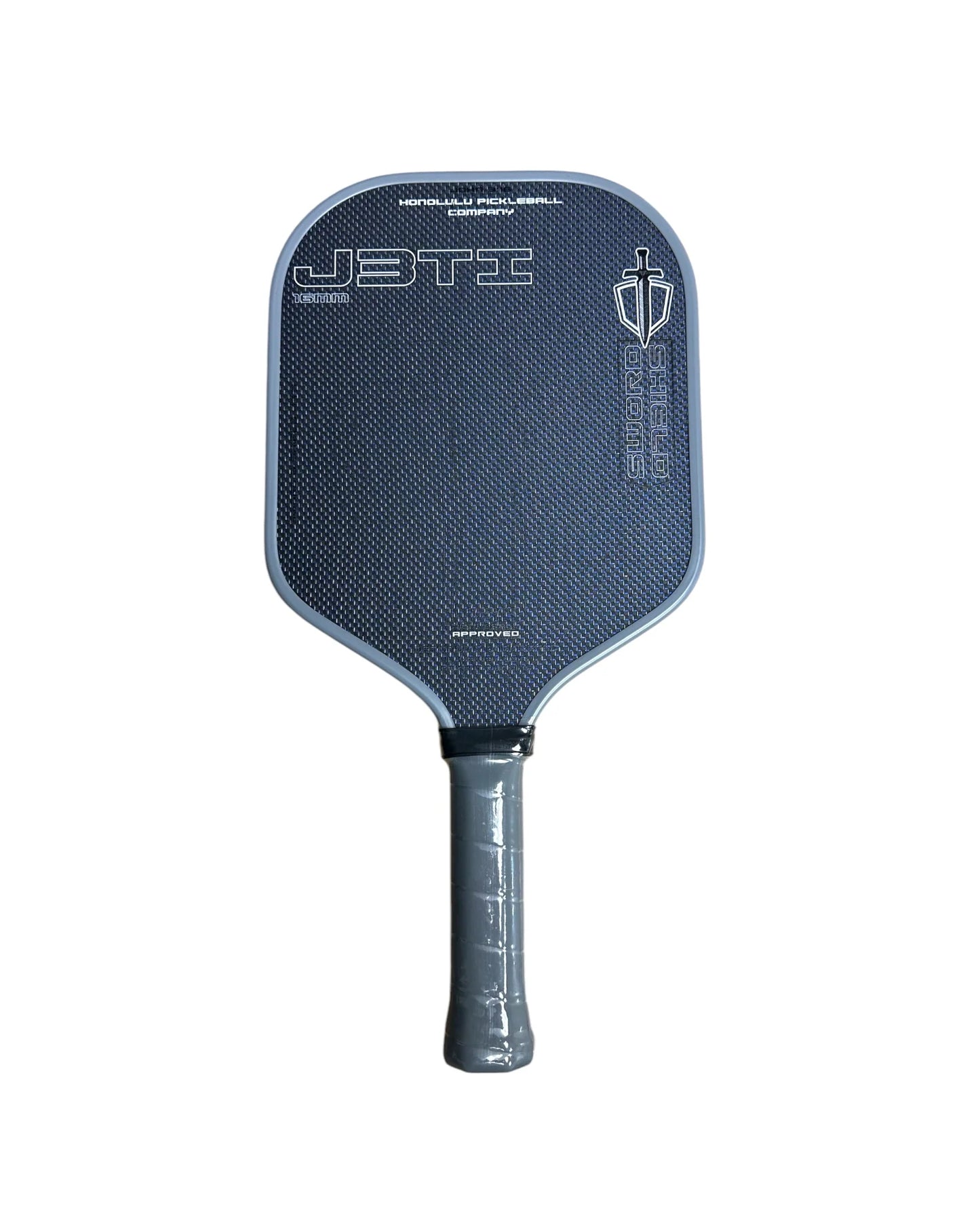 Honolulu Sword & Shield J3Ti paddle in blue, featuring a square shape and a soft grip handle for enhanced control and comfort.