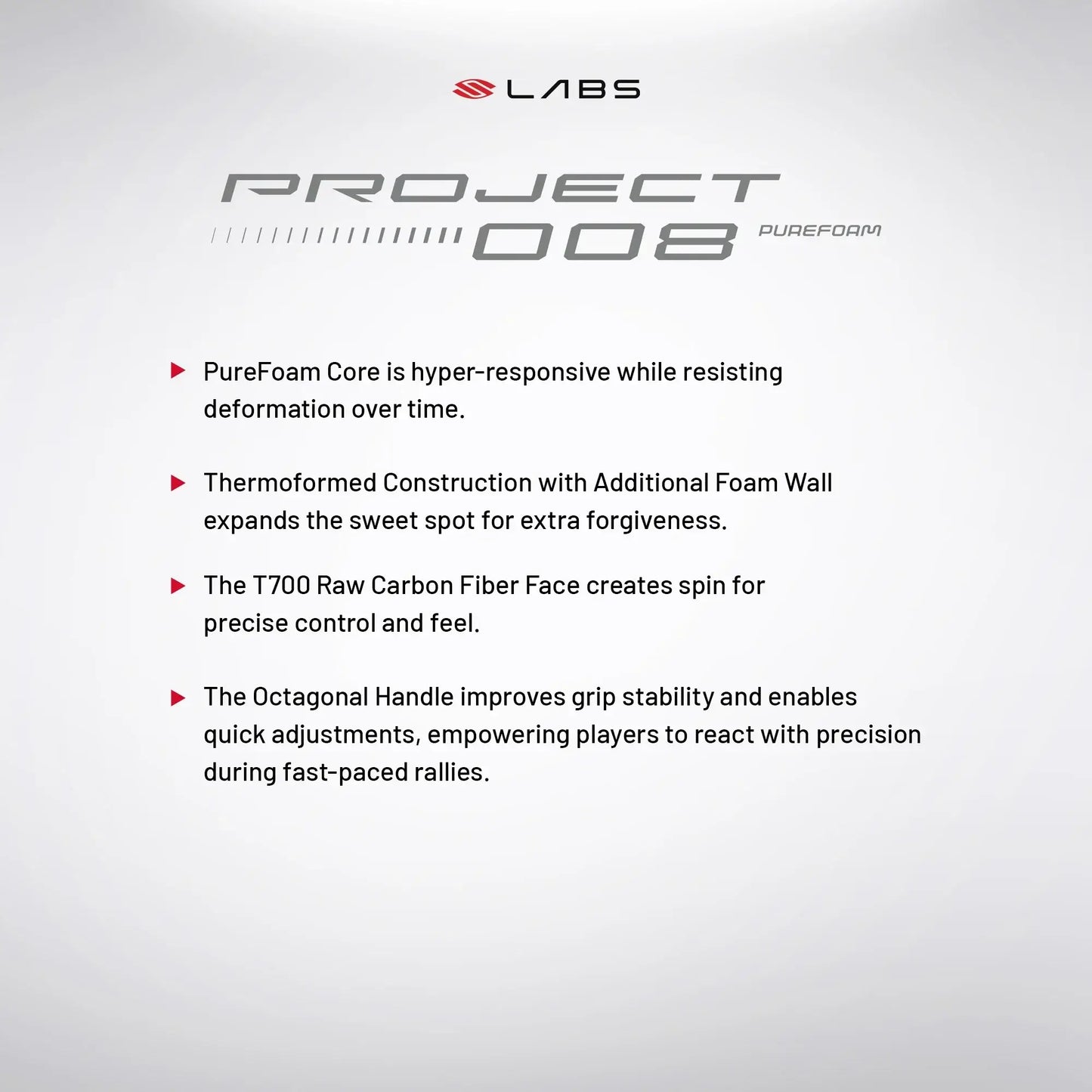 Details of Selkirk LABS Project 008 paddle technology highlighting PureFoam core, construction, carbon fiber face, and octagonal handle.