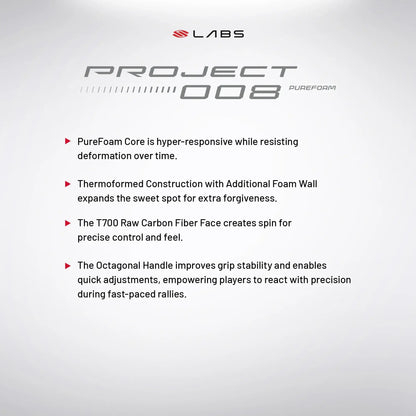 Details of Selkirk LABS Project 008 paddle technology highlighting PureFoam core, construction, carbon fiber face, and octagonal handle.
