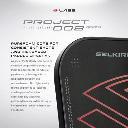 Selkirk LABS Project 008 paddle features PureFoam core for durability and responsiveness, enhancing performance in pickleball.
