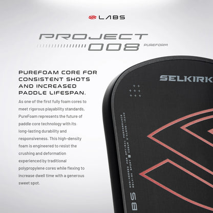Selkirk LABS Project 008 paddle features PureFoam core for durability and optimal performance in pickleball.