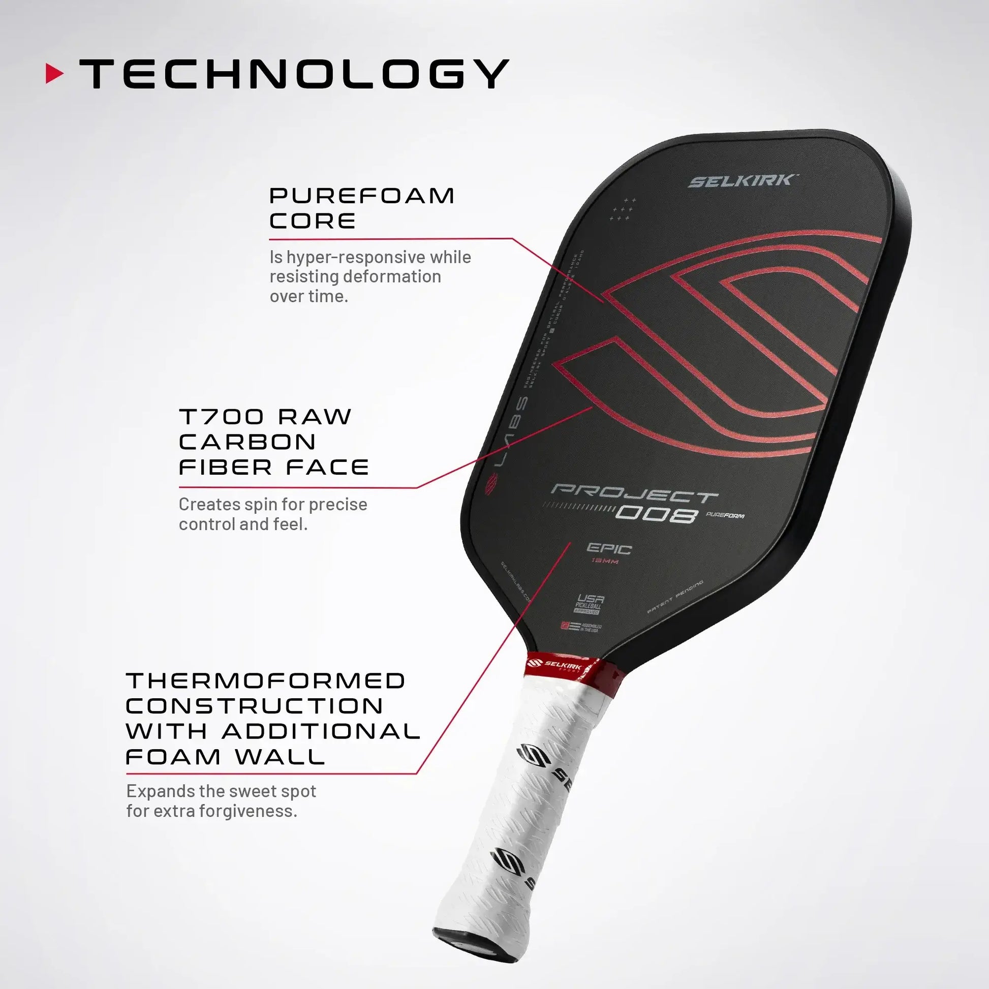 Selkirk LABS Project 008 13mm pickleball paddle showcasing PureFoam core and T700 carbon fiber technology.
