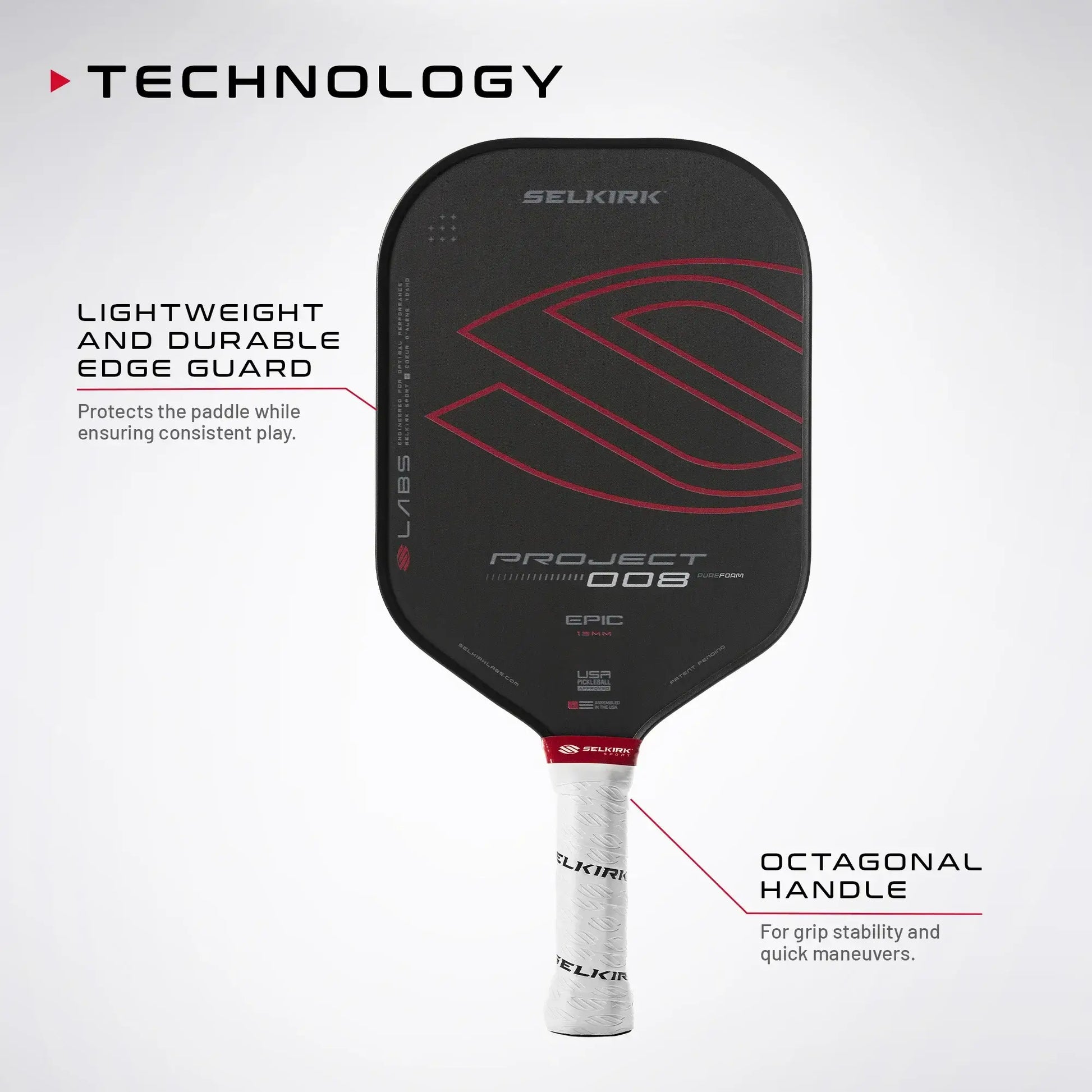 Selkirk LABS Project 008 pickleball paddle showcasing lightweight edge guard and octagonal handle for enhanced grip and stability.