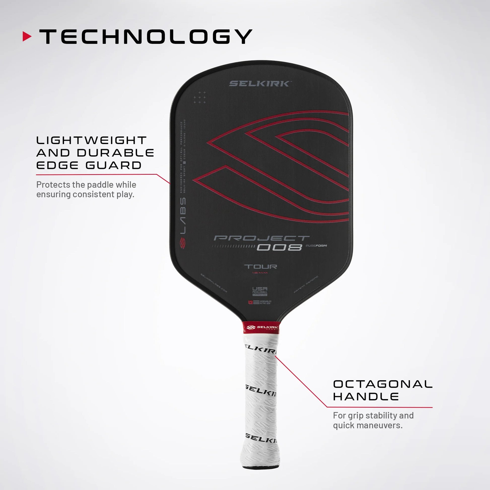 Selkirk LABS Project 008 pickleball paddle features lightweight edge guard and octagonal handle for superior control.