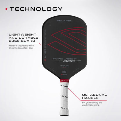 Selkirk LABS Project 008 pickleball paddle features lightweight edge guard and octagonal handle for superior control.