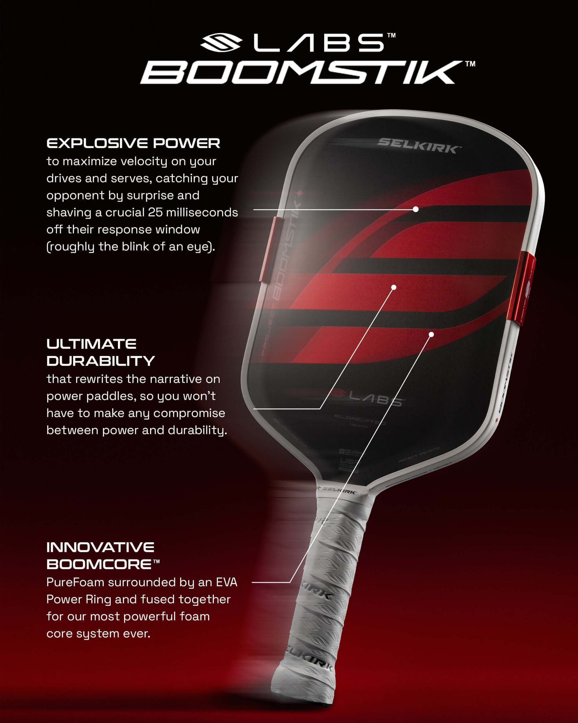 Selkirk LABS Boomstik Pickleball Paddle showcasing explosive power, durability, and innovative Boomcore technology.